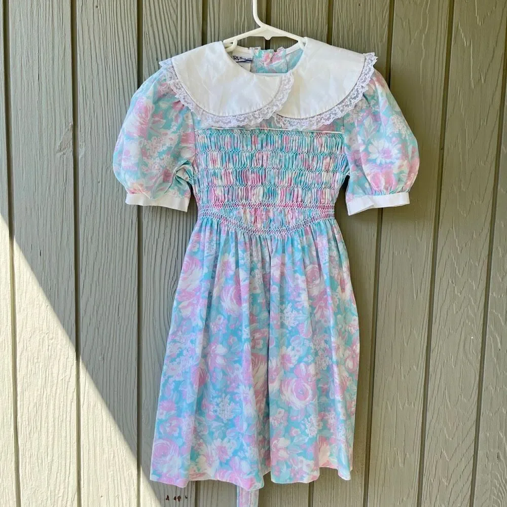 VTG Polly Flinders Pastel Floral Smocked Prairie Dress Girls 7 Lace Collar